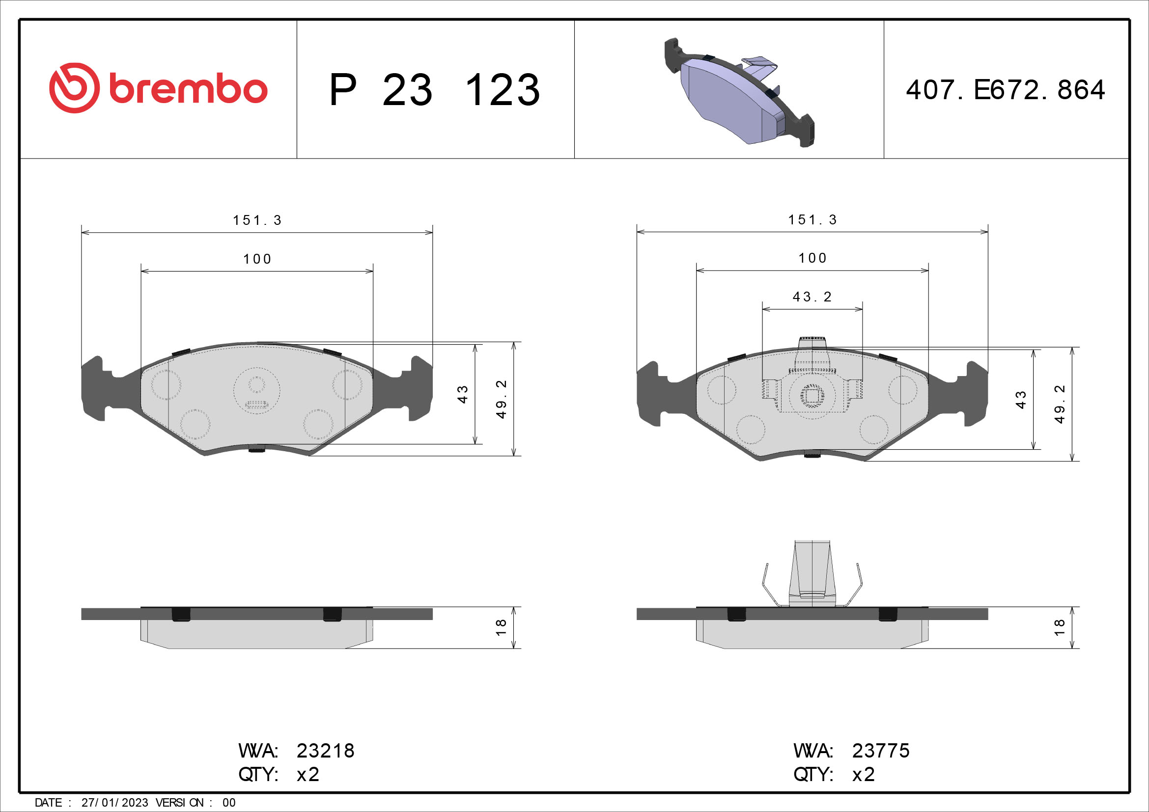 A.B.S. P 23 123 BREMBO Bremsbelagsatz, Scheibenbremse